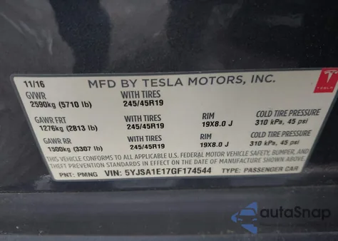2016 Tesla Model S 60/70/75/85 z USA, uszkodzony, nr VIN 5YJSA1E17GF174544